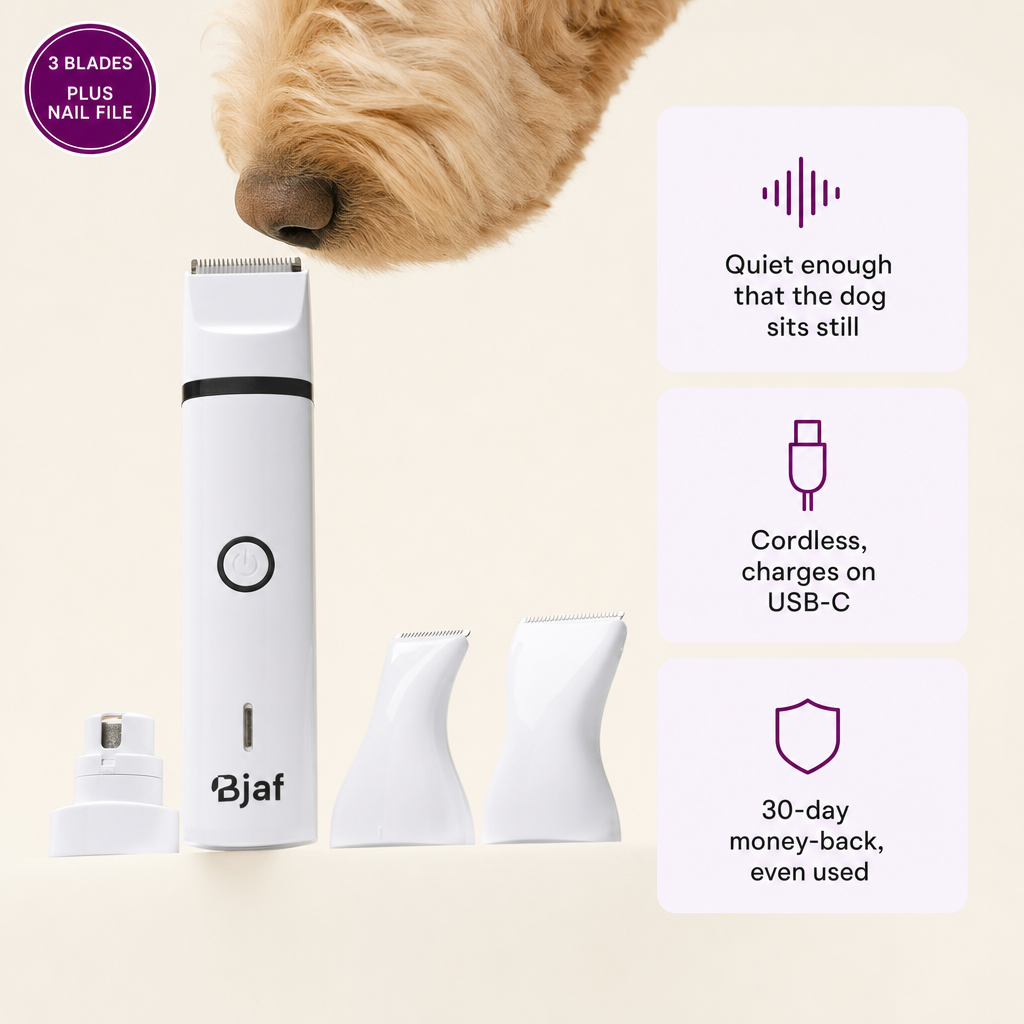 Bjaf 2in1 Pfotentrimmer mit drei Scherköpfen und Krallenfeile. So leise, dass der Hund stillhält, kabellos mit USB-C, 30 Tage Geld zurück, auch wenn benutzt.