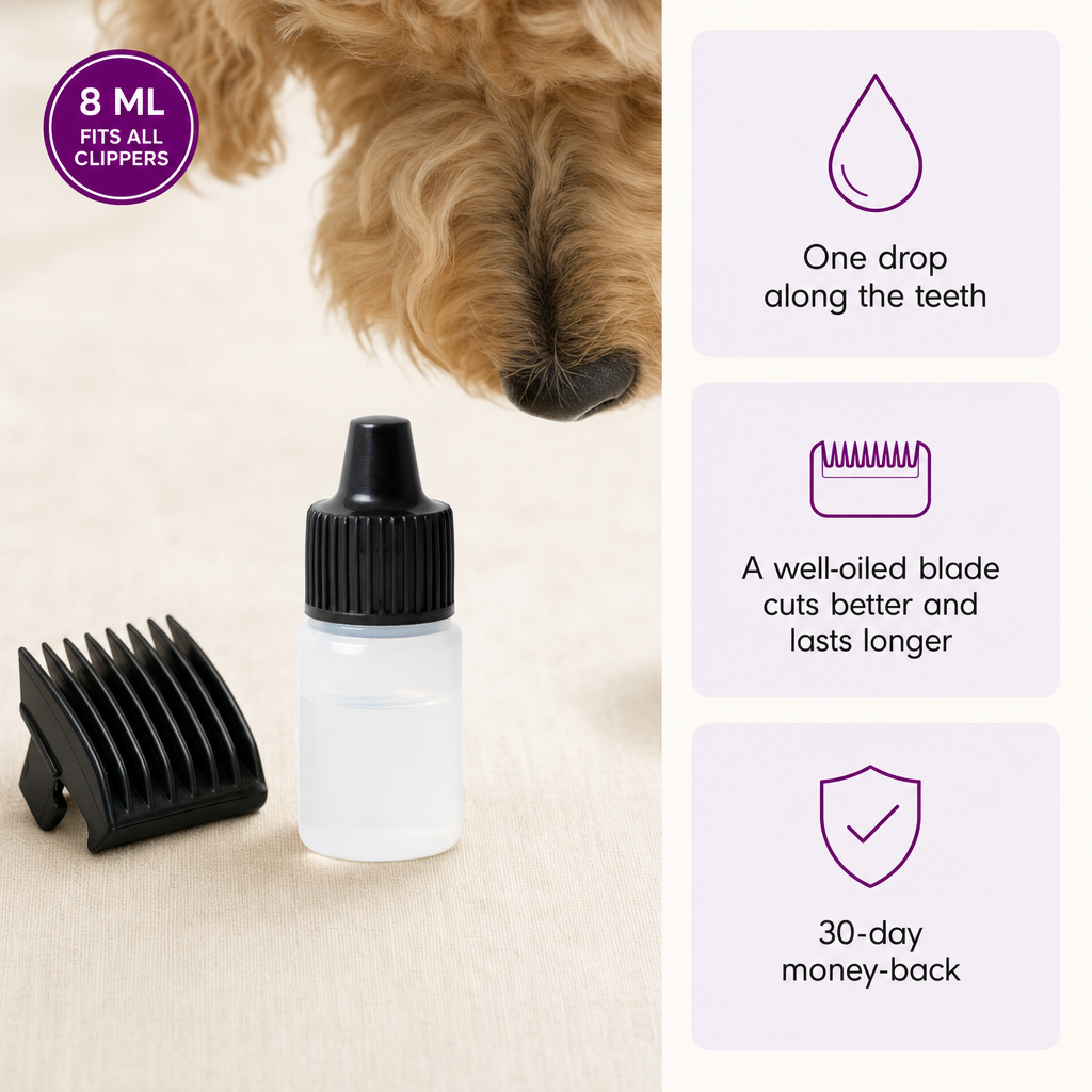 Bjaf Schneidemaschinenöl, 8 ml, passt zu allen Hundeschermaschinen. Ein Tropfen entlang der Zähne. Ein gut geölter Scherkopf schneidet besser und hält länger. 30 Tage Geld zurück.