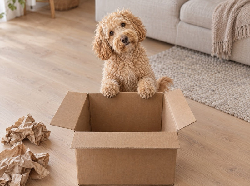Ein Hund, der über den Rand eines leeren Versandkartons schaut