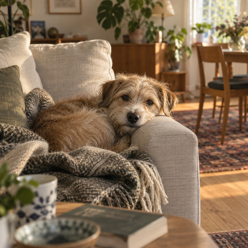 Ein kleiner Hund, eingerollt auf dem Sofa unter einer Strickdecke