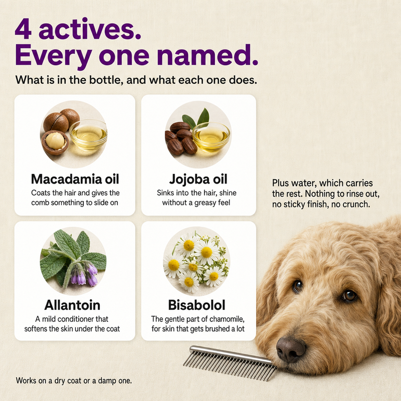 4 aktive Inhaltsstoffe, jeder einzelne benannt: Macadamiaöl, Jojobaöl, Allantoin, Bisabolol.