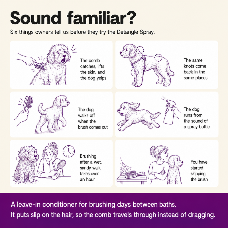 Kommt dir das bekannt vor? Sechs Dinge, die Hundehalter beschreiben, bevor sie das Entfilzungsspray ausprobieren: der Kamm bleibt hängen und der Hund jault, Knoten kommen zurück, der Hund geht vor der Bürste weg, flieht vor Sprühflaschen, Bürsten, das eine Stunde dauert, das Bürsten ausfallen lassen.