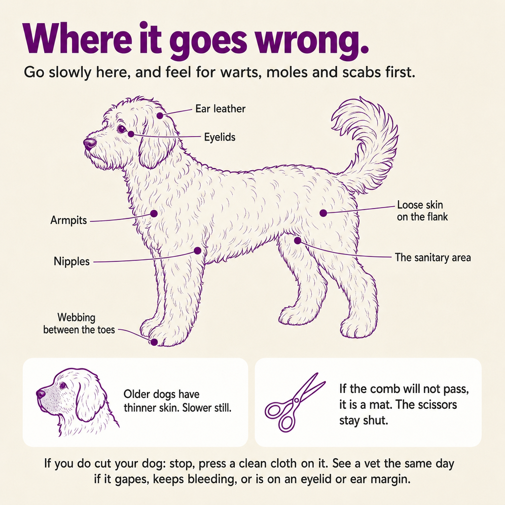 Wo es schiefgeht: geh langsam vor an Ohrleder, Augenlidern, Achseln, Zitzen, Intimbereich, den Häuten zwischen den Zehen und an der Flanke. Ältere Hunde haben dünnere Haut.