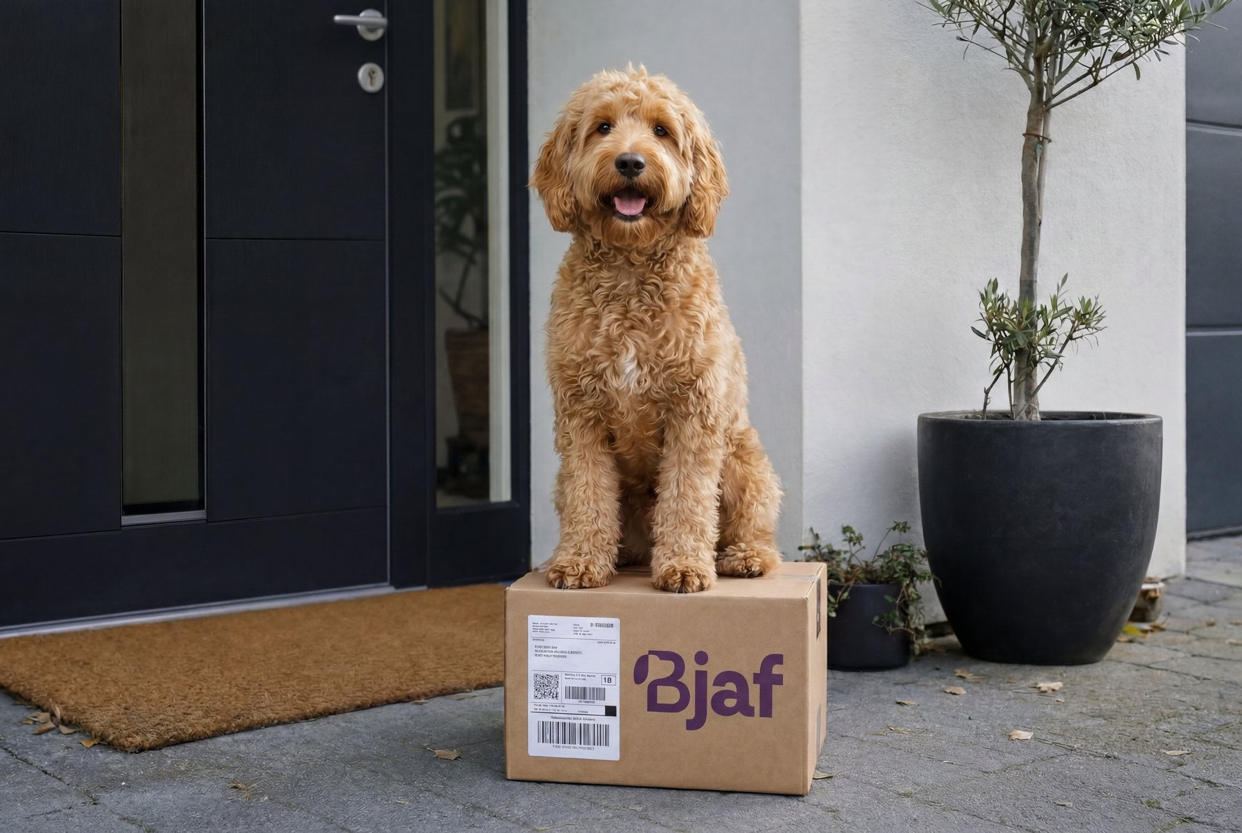 Ein Hund mit einem gelieferten Bjaf-Paket vor der Haustür